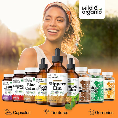 Wild & Organic Slippery Elm Liquid Drops - Lung, Digestive & Women's Support - Slippery Elm Bark Supplement - Add to Tea Tincture - Ulmus Rubra Herb - Vegan, Sugar & Alcohol-Free - 118 ml (4 fl oz)