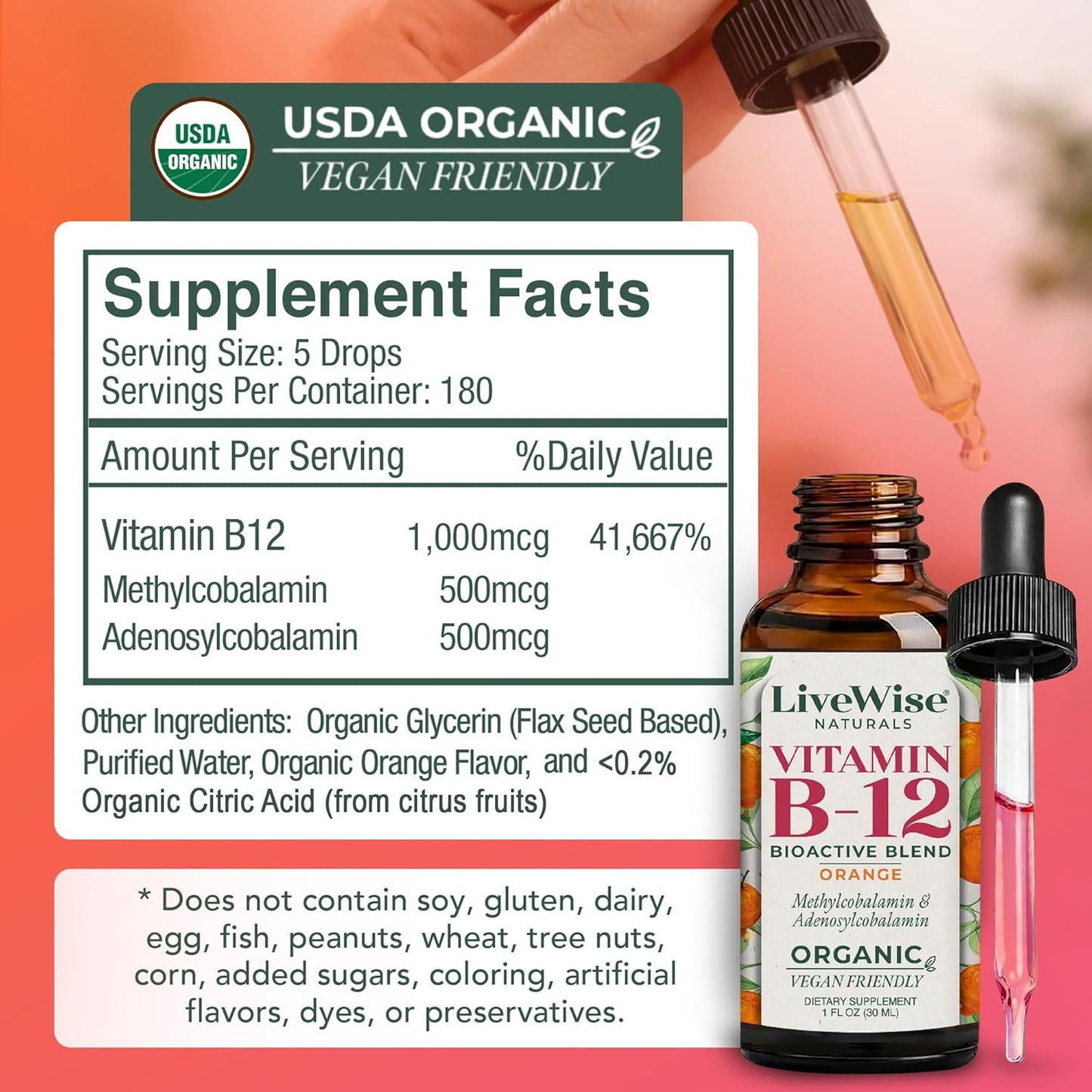 Organic Vitamin B12 1000 mcg Sublingual Liquid Drops - Orange, 30 ml (6-Month Supply) - görsel 2