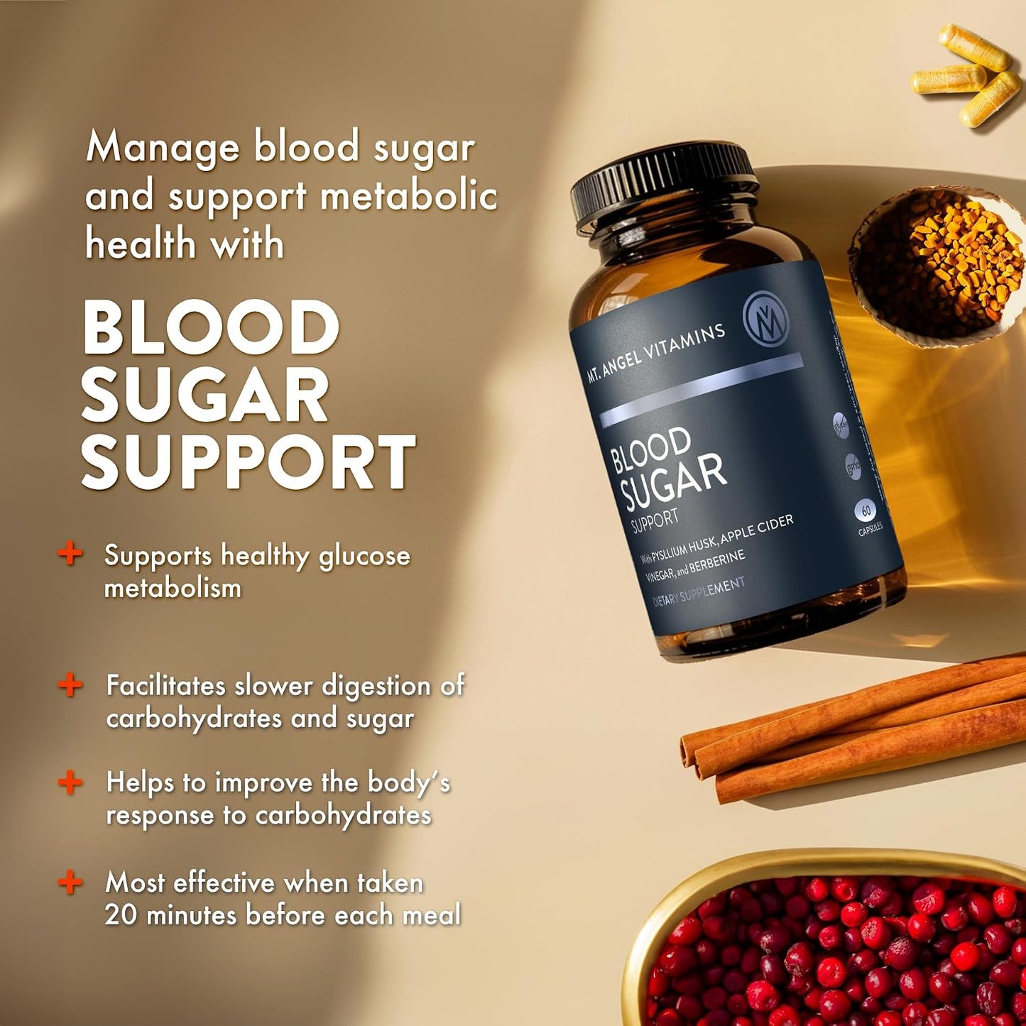 Mt. Angel Vitamins Blood Sugar Support Supplement with Berberine, Cinnamon and Apple Cider Vinegar - 60 Capsules - görsel 7