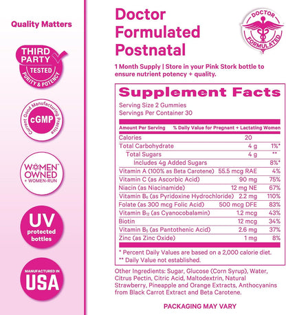 Pink Stork Total Postnatal Vitamin Gummies – Multivitamin for Postpartum Recovery and Breastfeeding Support (60 Gummies)