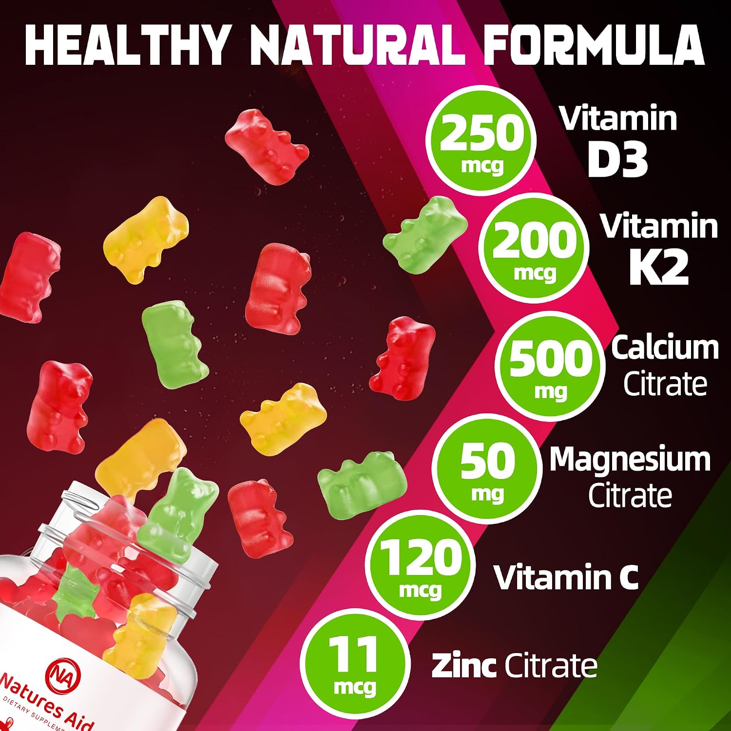 Natures Aid Sugar-Free Vitamin D3 K2 Gummies with Calcium, Magnesium, Vitamin C & Zinc, Extra Strength - 120 Gummies - görsel 2