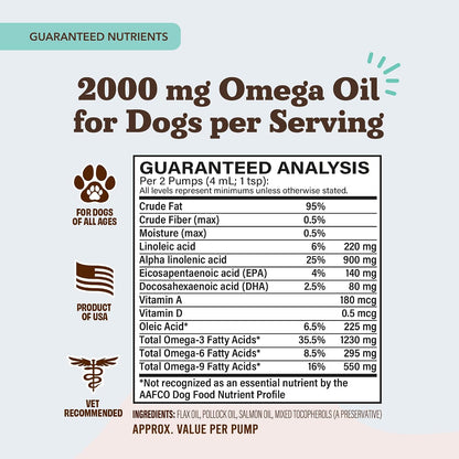 Natural Dog Company Ultra Omega Oil for Dogs – 2000 mg Omega 3, 6, 9 with Salmon, Pollock & Flaxseed Oil, 16 oz