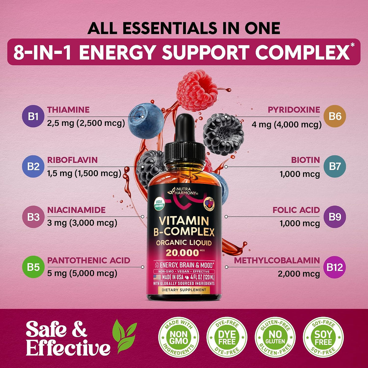 Organic Vitamin B-Complex Liquid Drops – B5 Pantothenic Acid, B12 Methylcobalamin, B1 Thiamine, B6 Pyridoxine, B7 Biotin, B9 Folic Acid, B3 Niacinamide – Natural Berry Flavour, 118 ml - görsel 5