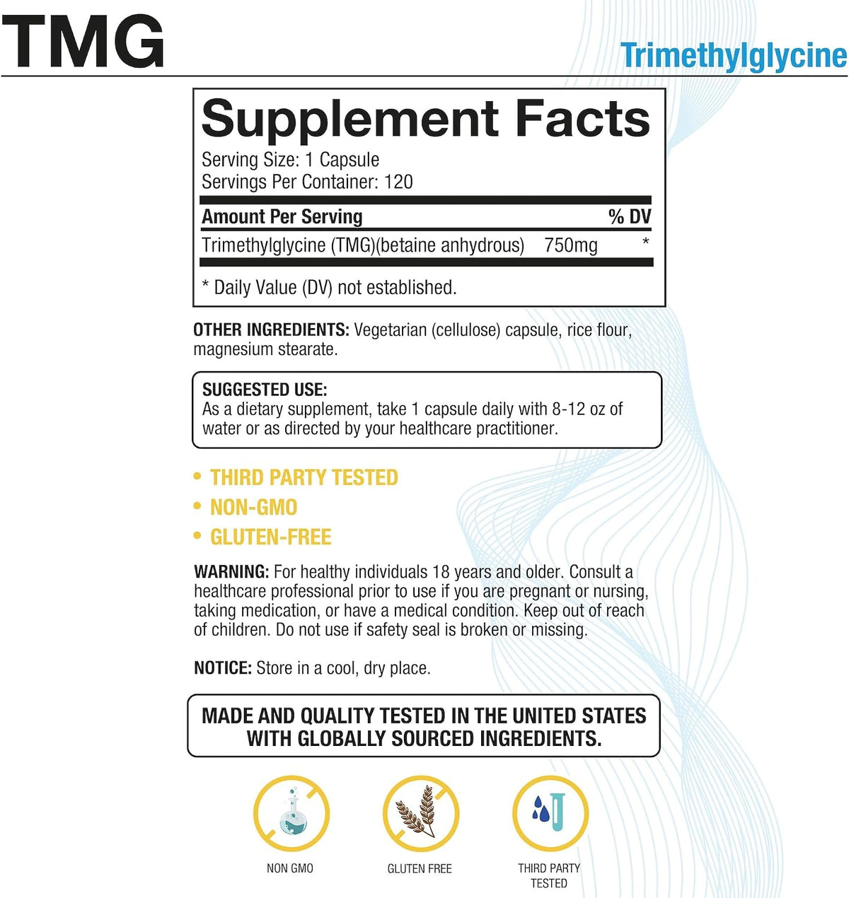 Puregen Labs TMG 750 mg – Trimethylglycine Supplement – 180 Vegetarian Capsules (3 Pack) - görsel 2