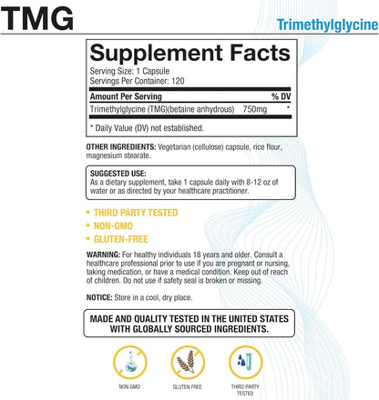 Puregen Labs TMG 750 mg – Trimethylglycine Supplement – 180 Vegetarian Capsules (3 Pack)