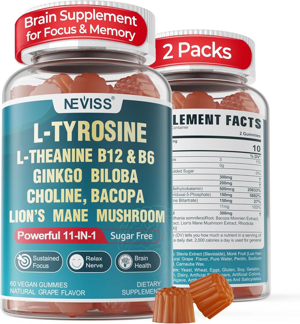 NEVISS 11-in-1 Brain Supplement Gummies for Memory and Focus, Pack of 2 - görsel 1