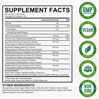 Sea Moss Gummies, Sea Moss, Bladderwrack, Ashwagandha, Burdock Root, Energy, Immune Support, 60 Vegan Gummies