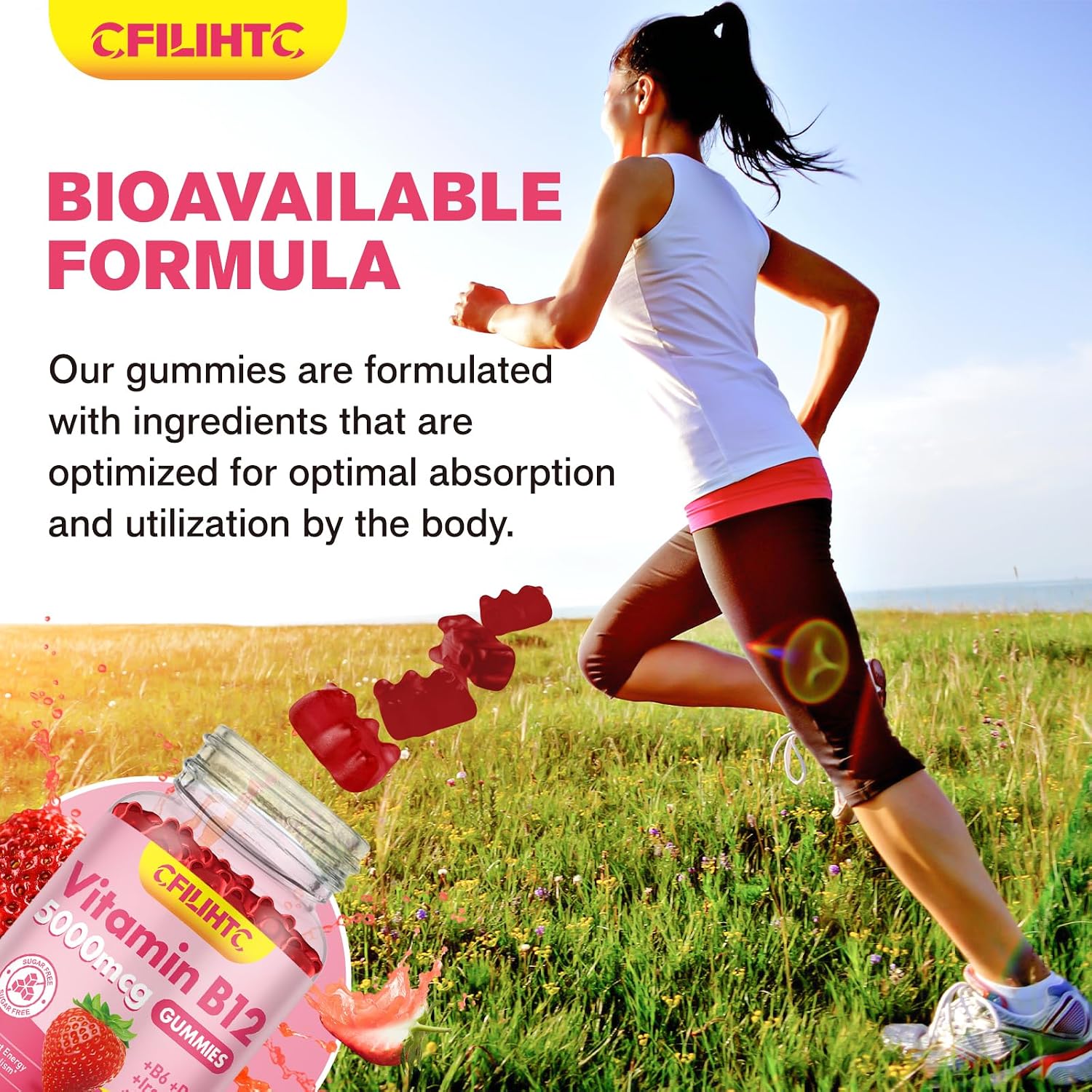 Vitamin B12 Gummies with Methylcobalamin, B6, D3, Iron & Folate - 5000mcg - Sugar-free Strawberry - Vegan & Non-GMO - görsel 6