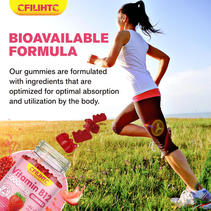 Vitamin B12 Gummies with Methylcobalamin, B6, D3, Iron & Folate - 5000mcg - Sugar-free Strawberry - Vegan & Non-GMO