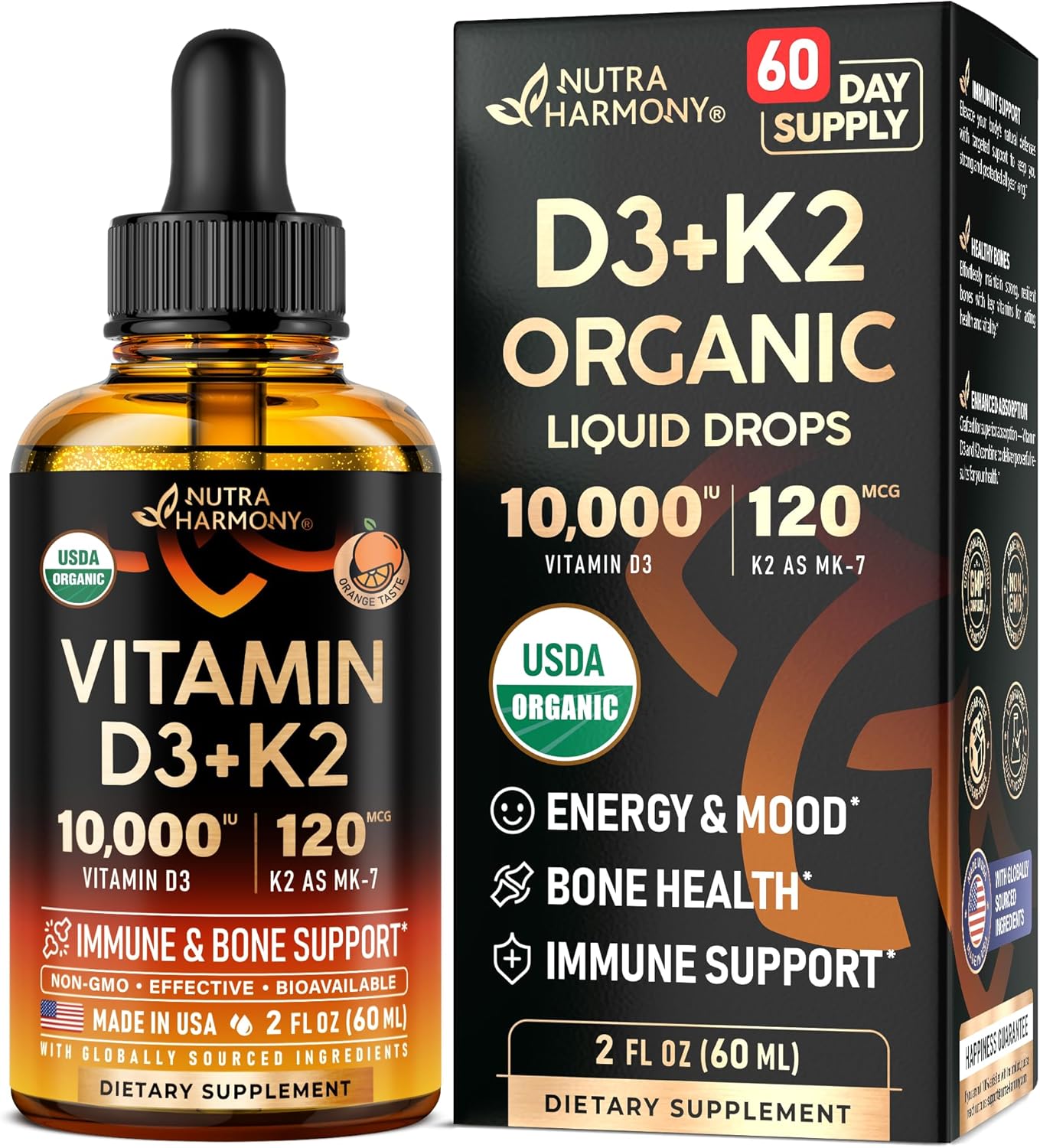 NUTRAHARMONY Vitamin D3 K2 USDA Organic Drops - 10,000 IU D3 & 120 µg MK-7 - Immune & Bone Support - Sugar-Free Orange Flavour - 60 ml - görsel 1