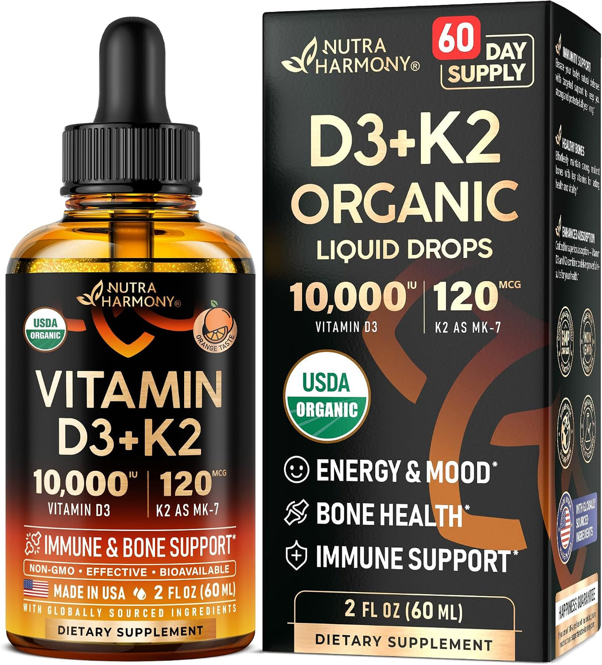 Vitamin D3 K2 USDA Organic Drops, 10000 IU D3 & 120 mcg K2 MK-7, Orange Flavour, 120 ml (120-Day Supply) - görsel 10