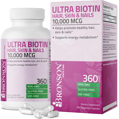 Bronson Ultra Biotin 10,000 mcg - Hair, Skin and Nails Food Supplement, 360 Vegetarian Capsules