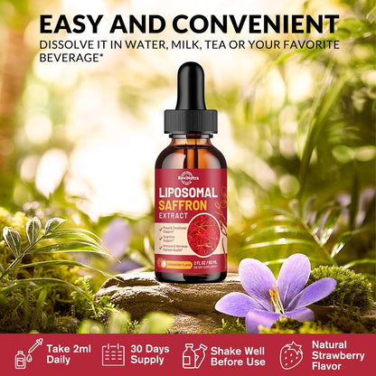 ReviNutra Saffron Liposomal Liquid Drops - 88.5mg Saffron Extract with Ashwagandha, Magnesium, L-Theanine, Zinc, B6 & D3 - Mood, Stress, Focus and Vision Support - Strawberry Flavour - 60 ml