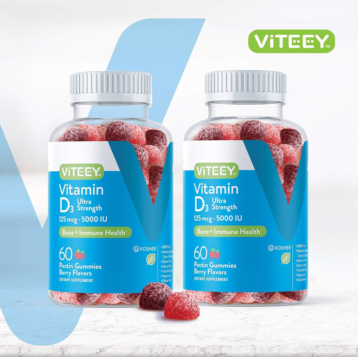 Viteey Vitamin D3 Gummies for Adults & Teens - 5,000 IU Ultra Strength - Berry Flavour - 120 Count - görsel 2