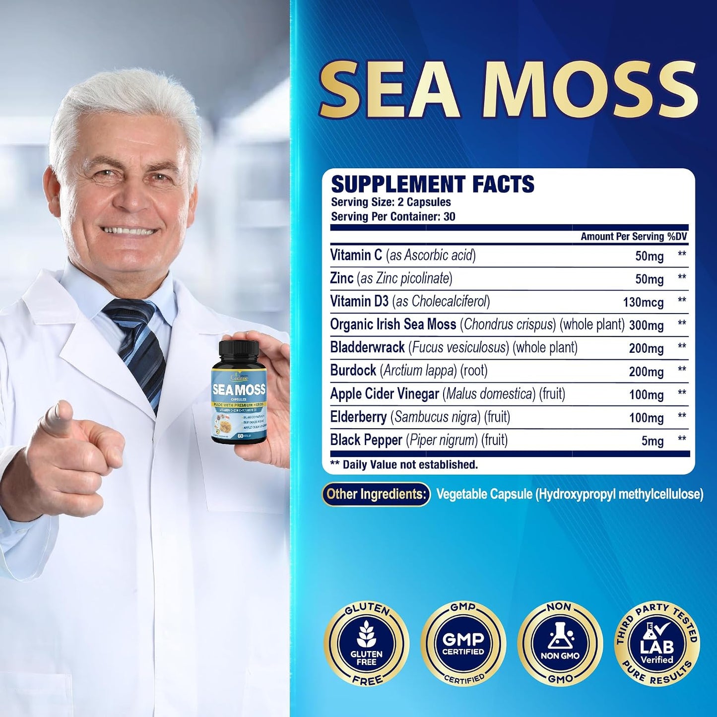 Organic Cadane Irish Sea Moss & Vitamin C, D3 and Zinc Capsules (2-Pack) - görsel 3