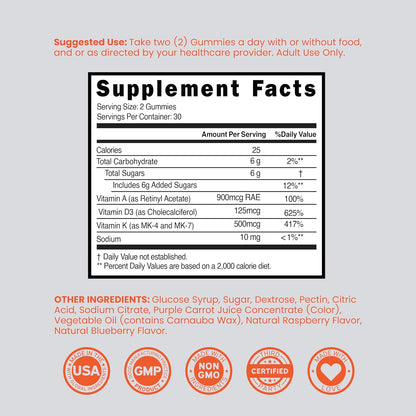 ADK Gummies - Vitamin D3 K2 (60 Sugar Free Gummies) - 10000 IU D3 & 5000 IU K2 - Vegan & Non-GMO