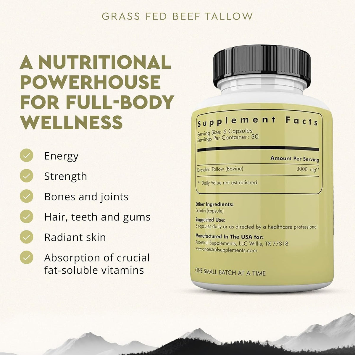 Ancestral Supplements Grass Fed Beef Tallow Capsules, 3000mg, 180 Capsules - görsel 2
