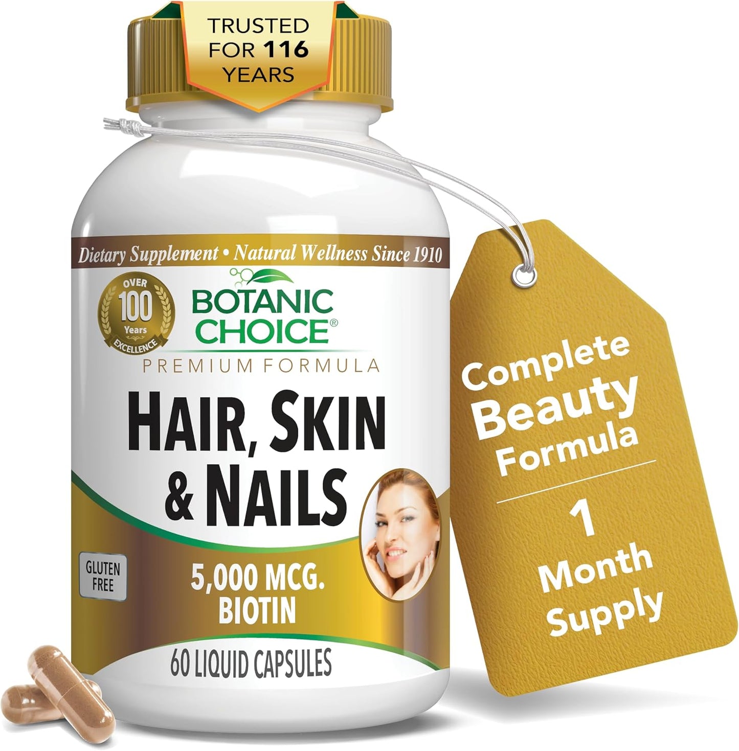Botanic Choice Hair, Skin and Nails Vitamins - Biotin Supplement with Collagen, Vitamin C & Iron - Super Antioxidant Blend with Argan Oil & Hyaluronic Acid - 60 Liquid Capsules - görsel 1