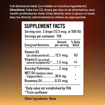 Alkaline for Life Cellular D3 Drops+, Liquid Vitamin D3 in MCT Oil, 250 IU per Drop, 500 to 5000 IU Flexible Dosage, Sublingual or Mix Into Drinks, Gluten-free, 30 ml