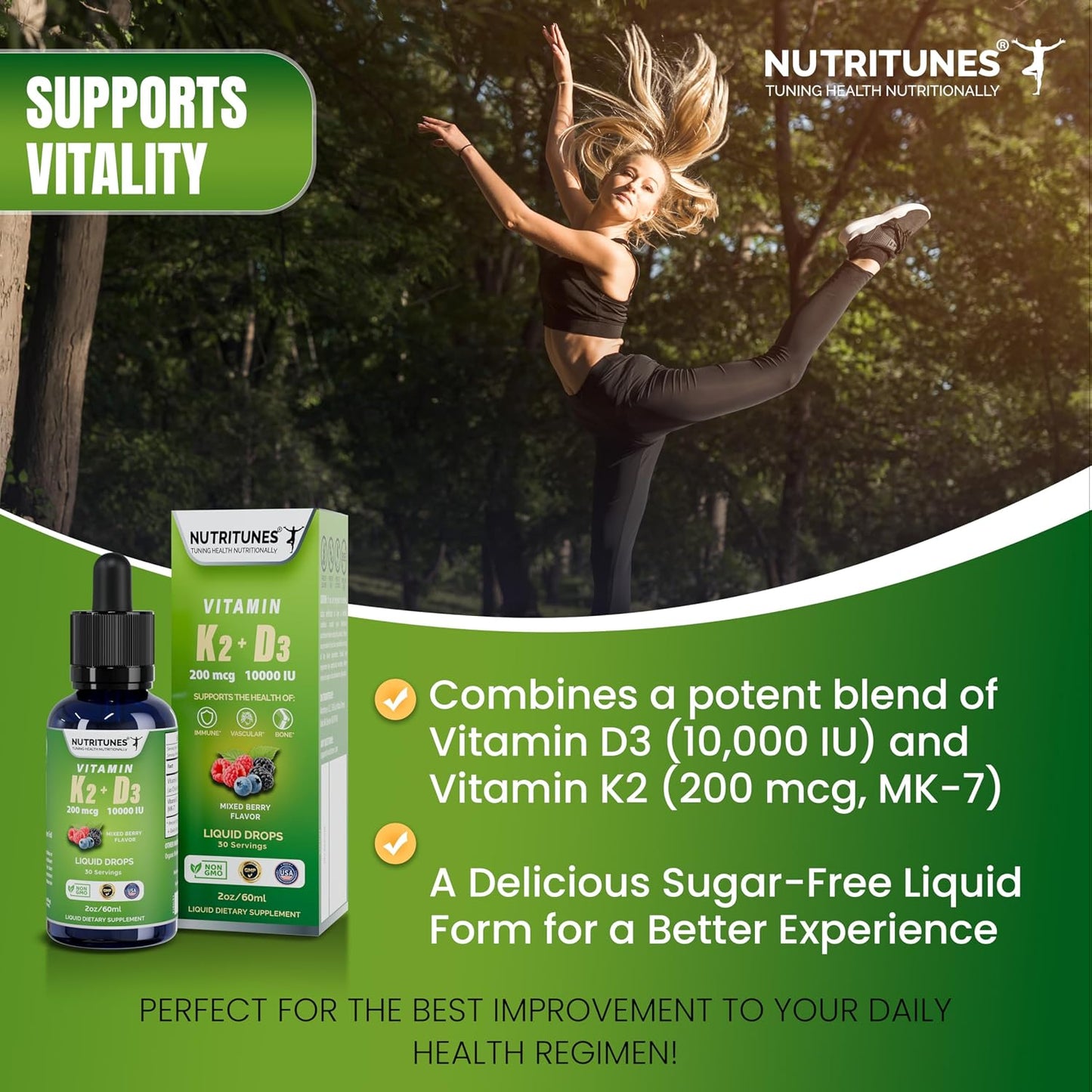 Nutritunes K2 D3 Liquid Drops - Vitamin D3 10,000 IU & Vitamin K2 200 mcg, Mixed Berry, 60 ml - görsel 2