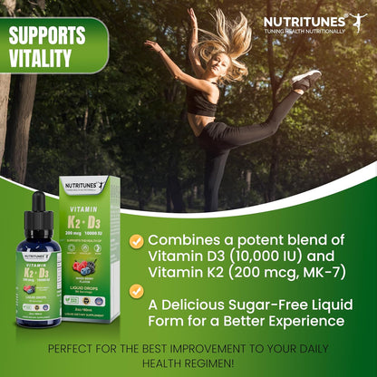 Nutritunes K2 D3 Liquid Drops - Vitamin D3 10,000 IU & Vitamin K2 200 mcg, Mixed Berry, 60 ml