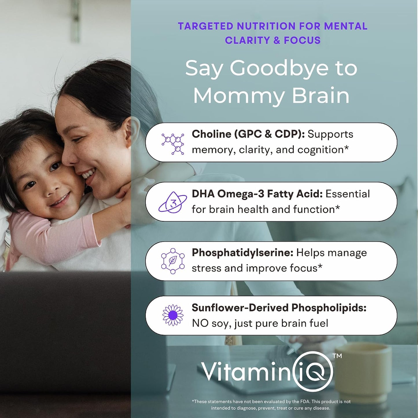 VitaminIQ Mummy Brain Postnatal Supplement (60 Capsules) for Cognitive Health, Mood, Energy with GPC and CDP Choline, Phosphatidylserine, Omega-3 DHA - görsel 2