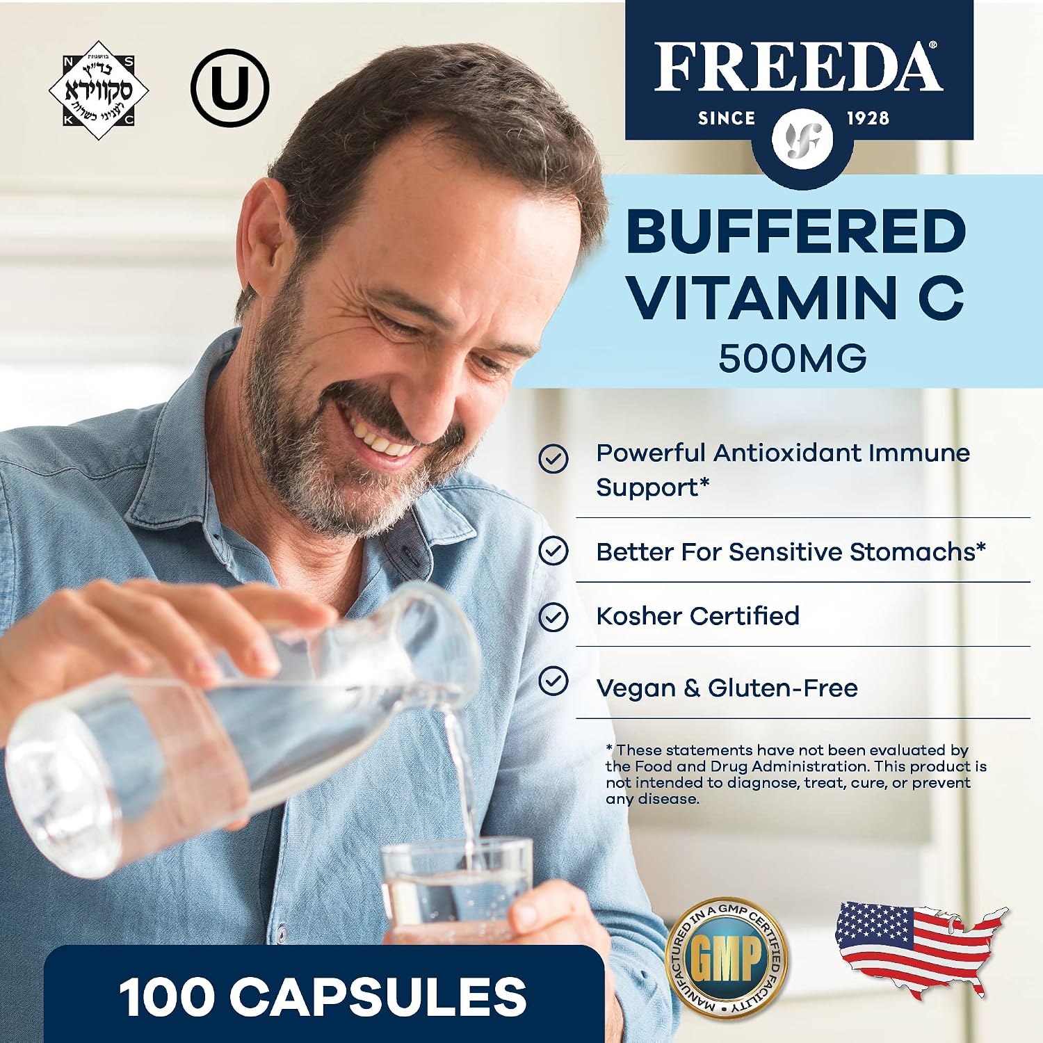 FREEDA Buffered Vitamin C 500mg – Non-Acidic Calcium Ascorbate – Immune Support & Antioxidant – Kosher, Gentle on Stomach – 100 Capsules - görsel 2
