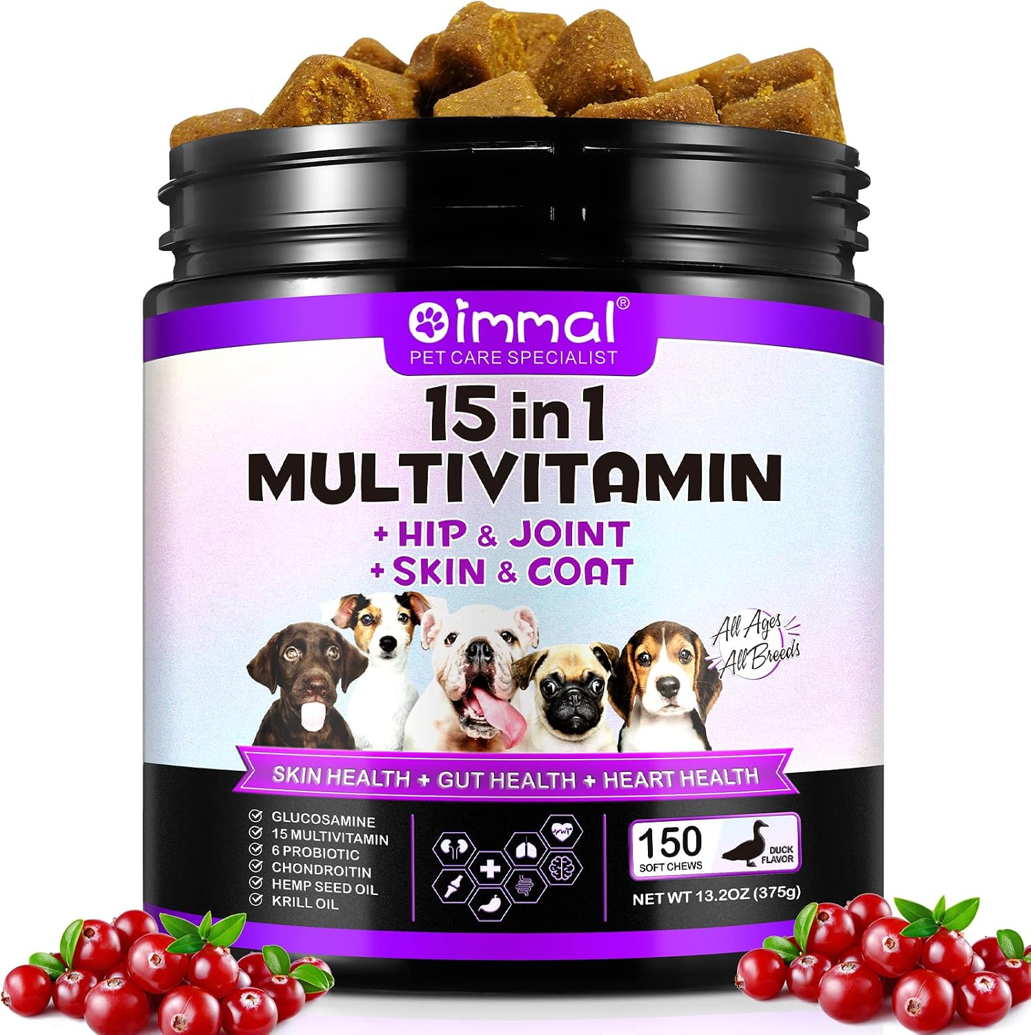 Oimmal 15-in-1 Dog Multivitamin Chews with Glucosamine and Probiotics - 150 Soft Chews - görsel 1