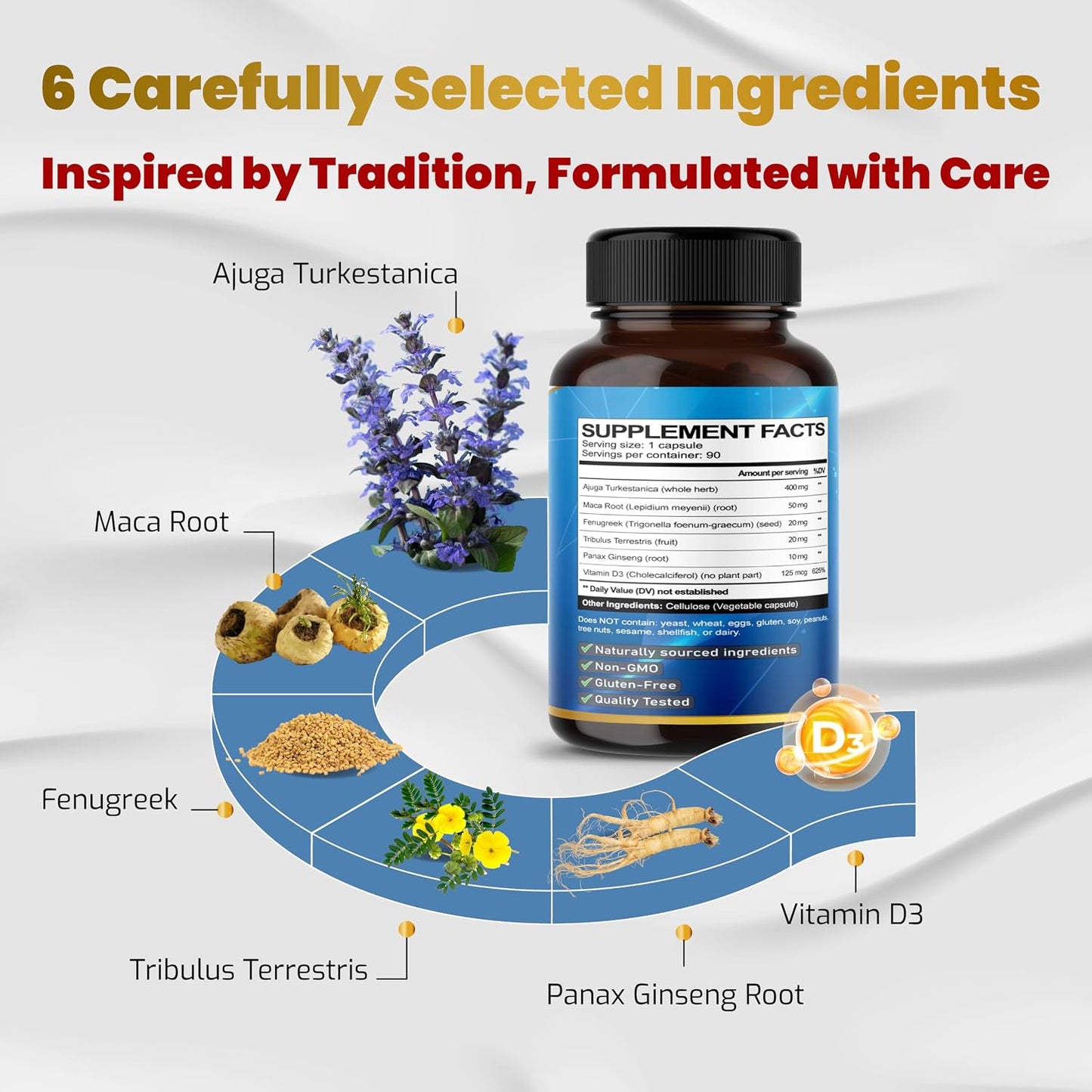 VEGATOT 6 in 1 High Strength Turkesterone with Maca Root, Fenugreek, Tribulus, Ginseng, and Vitamin D3 - 90 Capsules - görsel 5