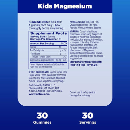 Natrol Kids Magnesium Citrate Gummies, Raspberry Flavour, 30 Chews – Food Supplement