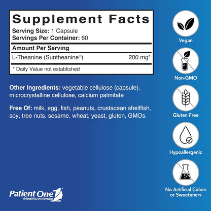 Patient One Theanine 200 mg – Supplement for Stress Response, Relaxation and Focus – with Suntheanine – 60 Capsules