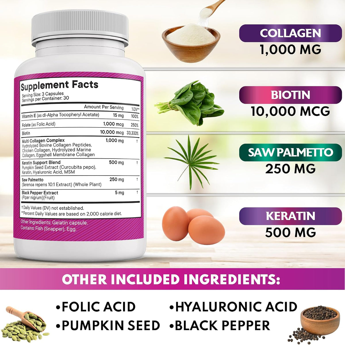 NEW AGE Collagen Pills with Biotin, Keratin, Saw Palmetto, Hyaluronic Acid – Hair, Skin and Nails Supplement – 90 Count - görsel 3