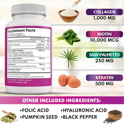 NEW AGE Collagen Pills with Biotin, Keratin, Saw Palmetto, Hyaluronic Acid – Hair, Skin and Nails Supplement – 90 Count