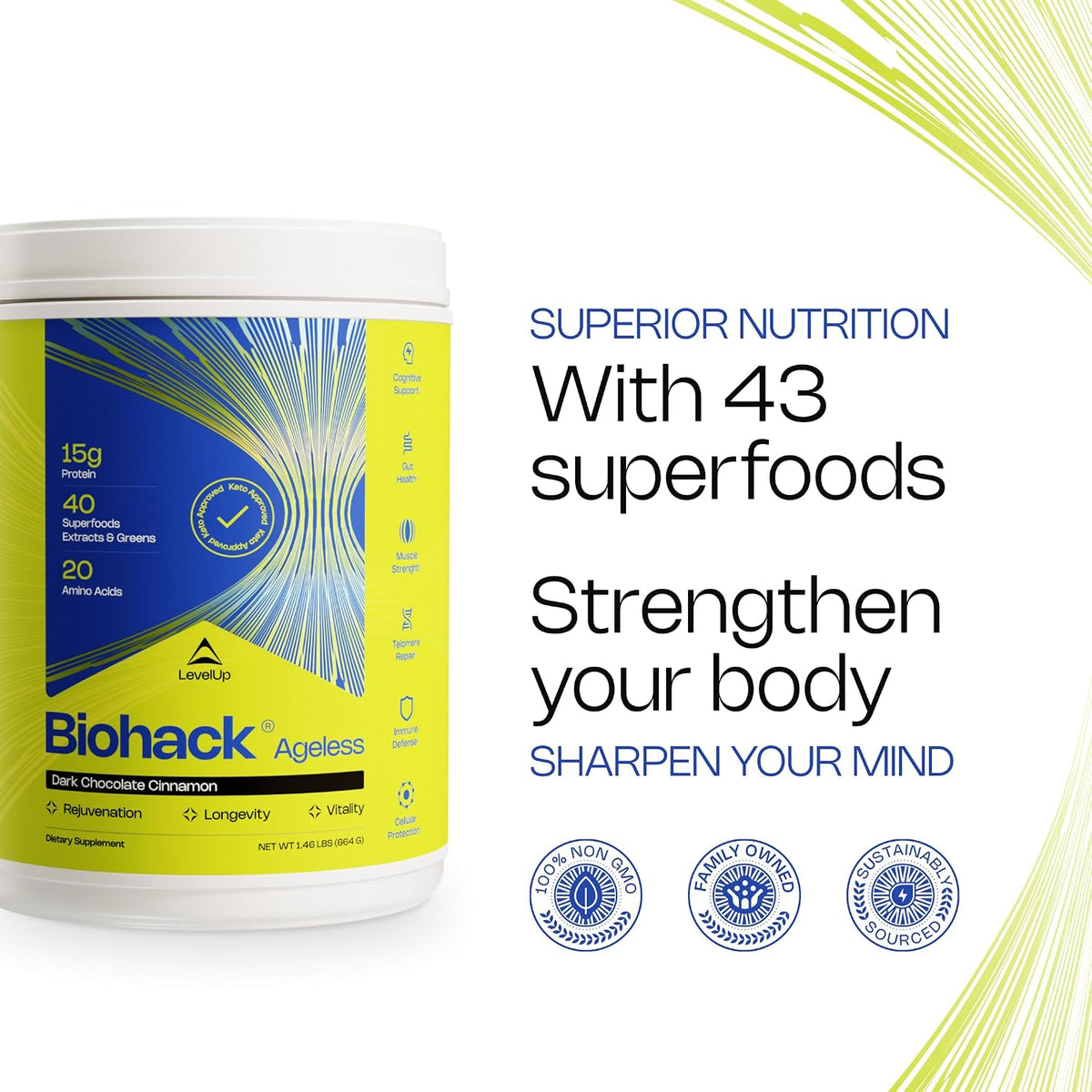 LevelUp Biohack Ageless: Colostrum Collagen Superfoods Antioxidants Spermidine Amino Acids Creatine for Women and Men, Total Body Rejuvenation (Dark Chocolate Cinnamon) - görsel 4