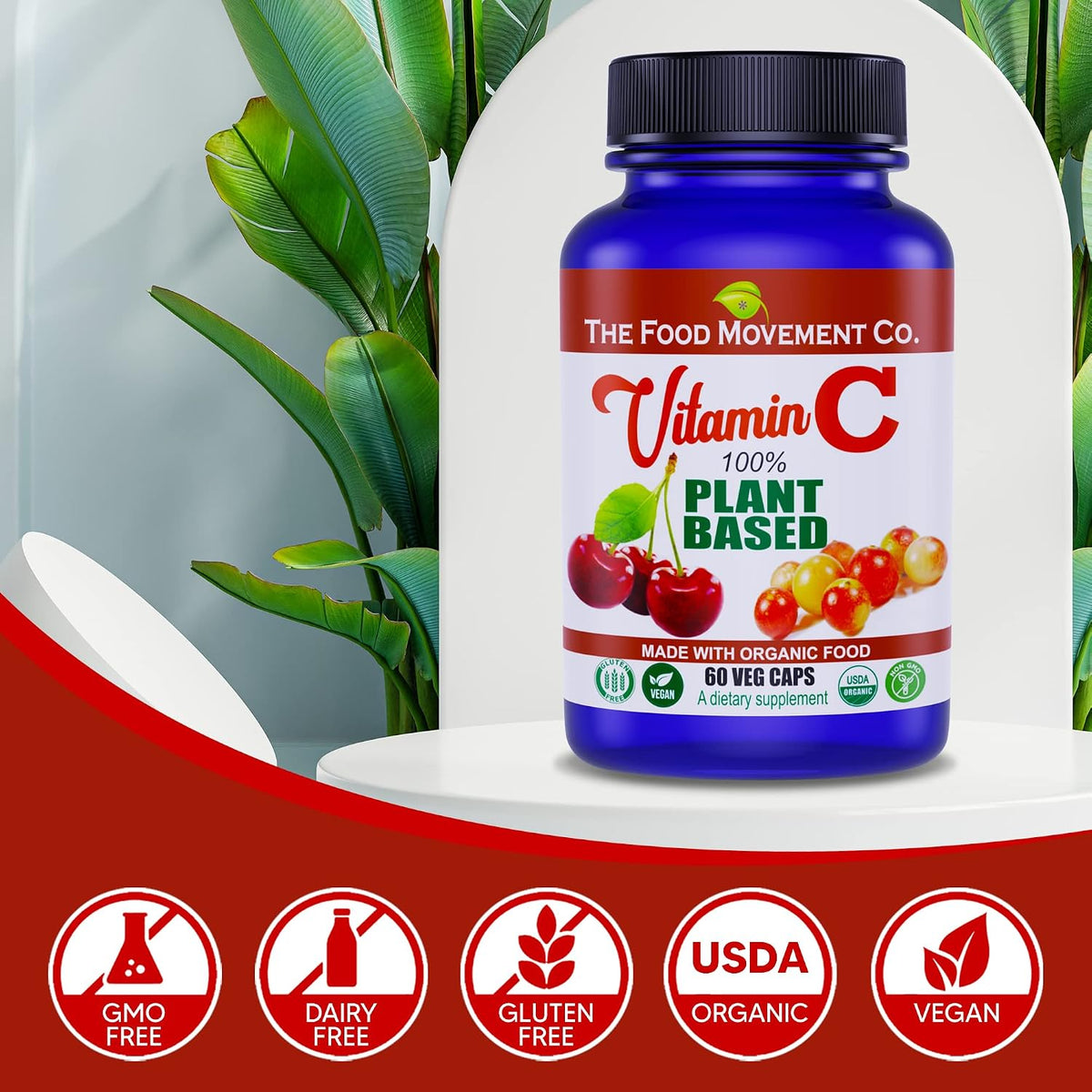 THE FOOD MOVEMENT CO. 100% Plant-Based Vitamin C 125mg – 60 Capsules – Vegan, Organic, Non-GMO, Gluten-Free Supplement with Camu Camu & Acerola - görsel 2