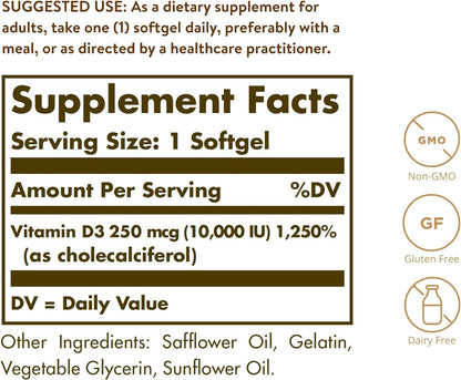 Solgar Vitamin D3 10000 IU Softgels - 180 Count