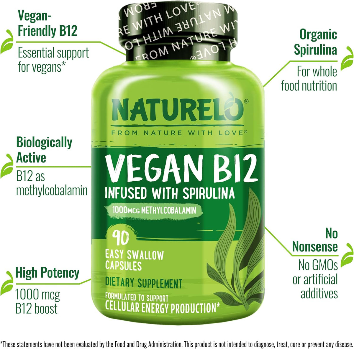 NATURELO Vegan B12 - Methyl B12 with Organic Spirulina - High Potency Vitamin B12 1000 mcg Methylcobalamin - 90 Capsules (Pack of 2) - görsel 2