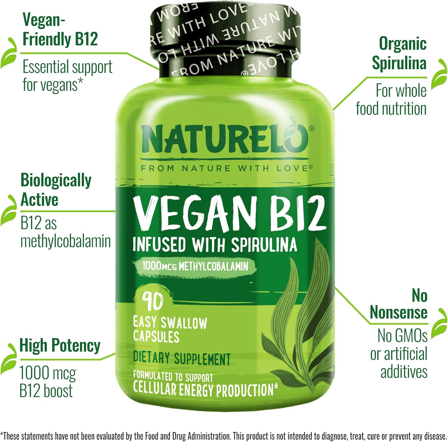NATURELO Vegan B12 - Methyl B12 with Organic Spirulina - High Potency Vitamin B12 1000 mcg Methylcobalamin - 90 Capsules (Pack of 2) - görsel 2