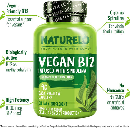 NATURELO Vegan B12 - Methyl B12 with Organic Spirulina - High Potency Vitamin B12 1000 mcg Methylcobalamin - 90 Capsules (Pack of 2)