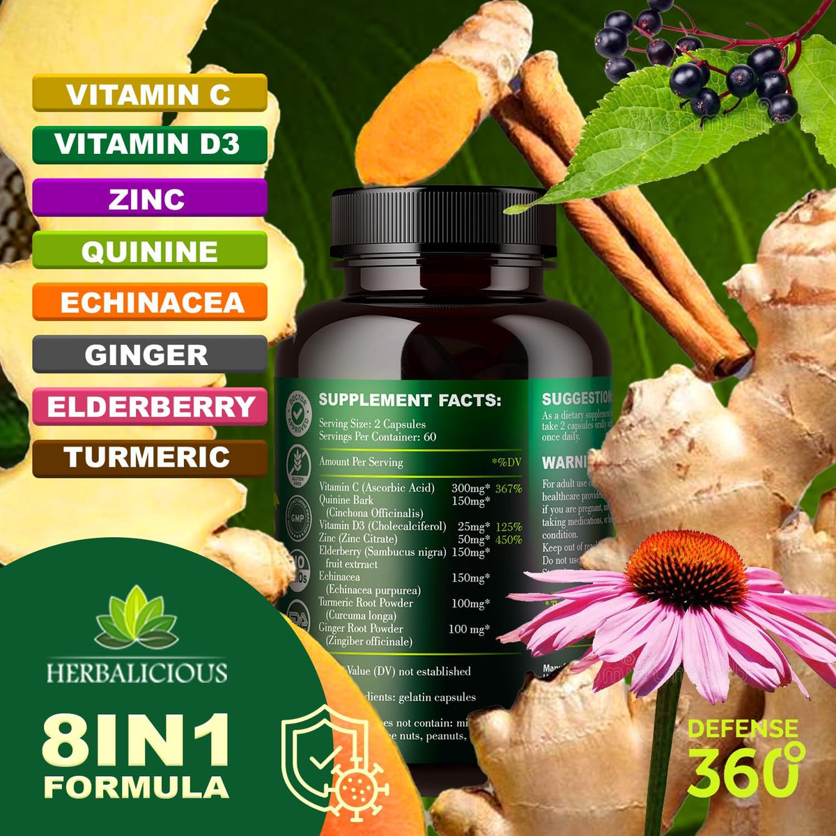 Defence360 Immune Support 8-in-1 Supplement with Vitamin C, D3, Zinc, Elderberry, Echinacea, Turmeric, Ginger and Quinine (120 Capsules) - görsel 3