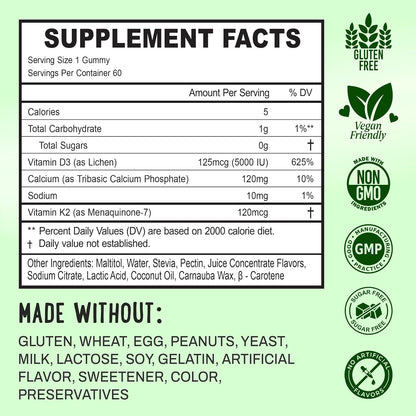 OH MY CHEWY Double-Flavoured Vitamin D3 K2 & Calcium Gummies - 5000 IU D3, 120 mcg K2 (MK-7), 120 mg Calcium - Vegan & Non-GMO - 60 Count