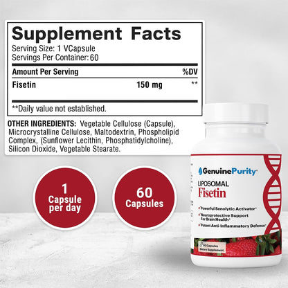 Liposomal Fisetin 150mg — 60 Vegan Capsules to Support Cellular Health, Antioxidant Defence & Cognitive Wellness — Gluten-free, Non-GMO, Made in the USA