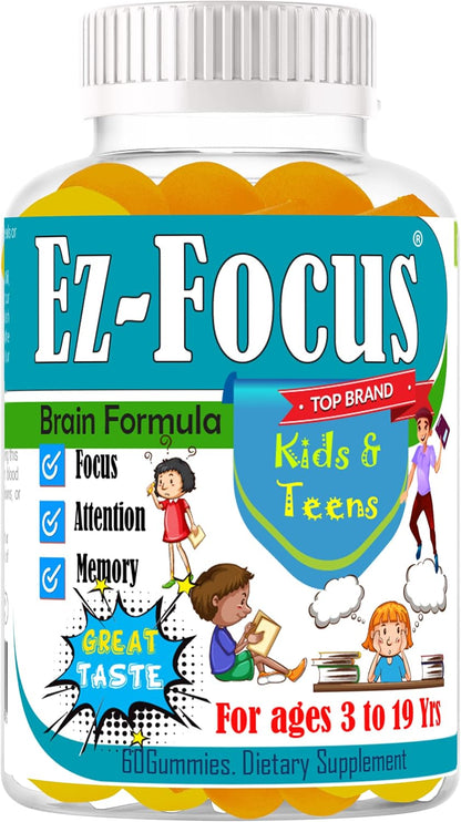 Ez-Focus Gummies for Kids, Teens & Youth – Brain Focus & Memory Support with DHA & Omega-3 (60 Count)