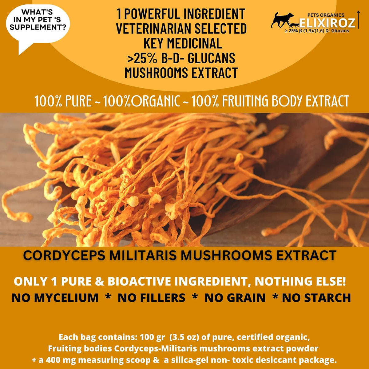 Cordyceps Mushroom Extract for Dogs & Cats – 25%+ Beta Glucans – Fruiting Body (8:1–12:1 Concentrated) – Energy, Stamina & Vitality Support – No Fillers – 250 Servings - görsel 6