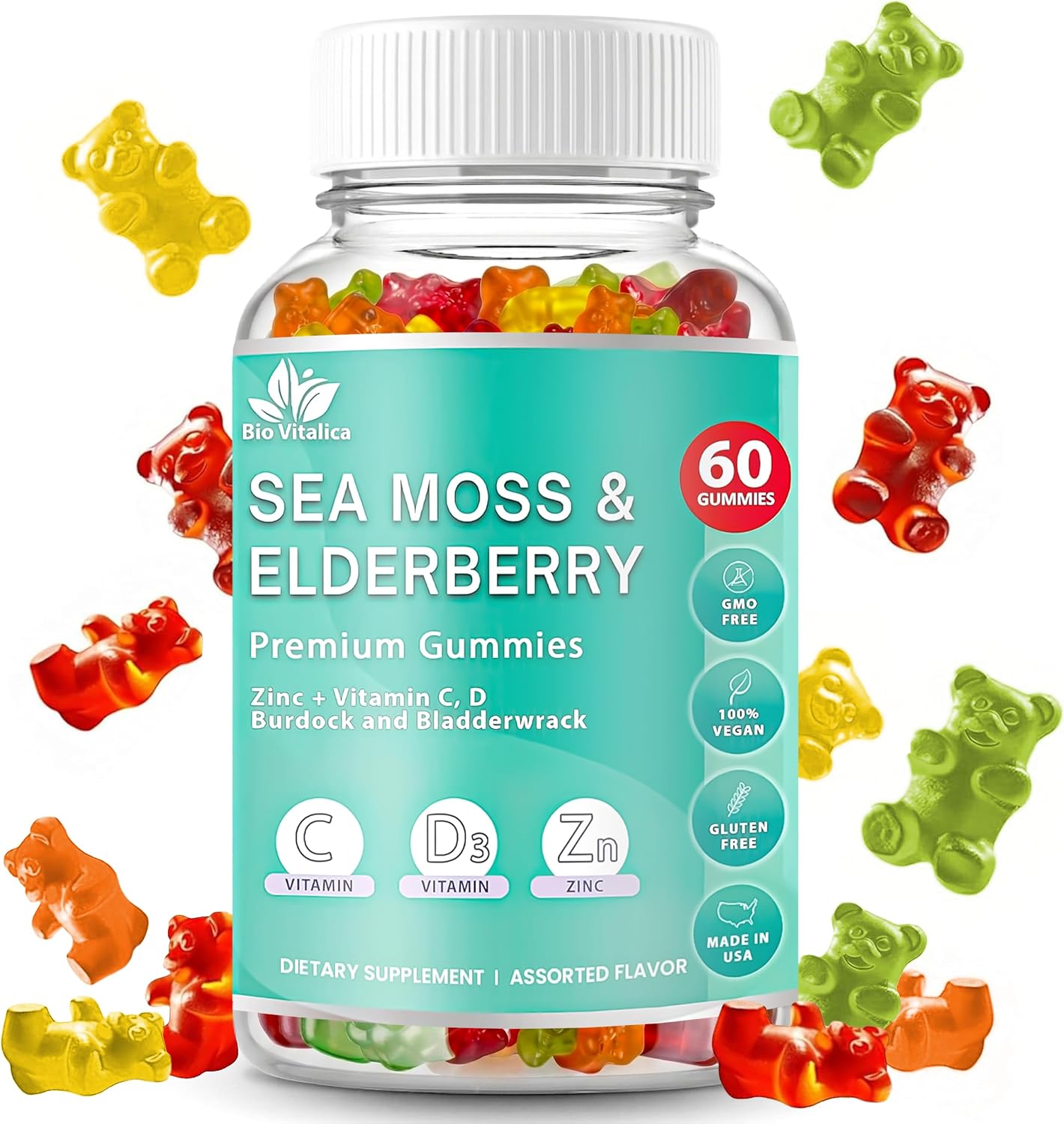 Irish Sea Moss Gummies with Elderberry – Immune Support Supplement with Vitamin C, D & Zinc – Vegan Gummies for Adults & Kids – 60 Count - görsel 1