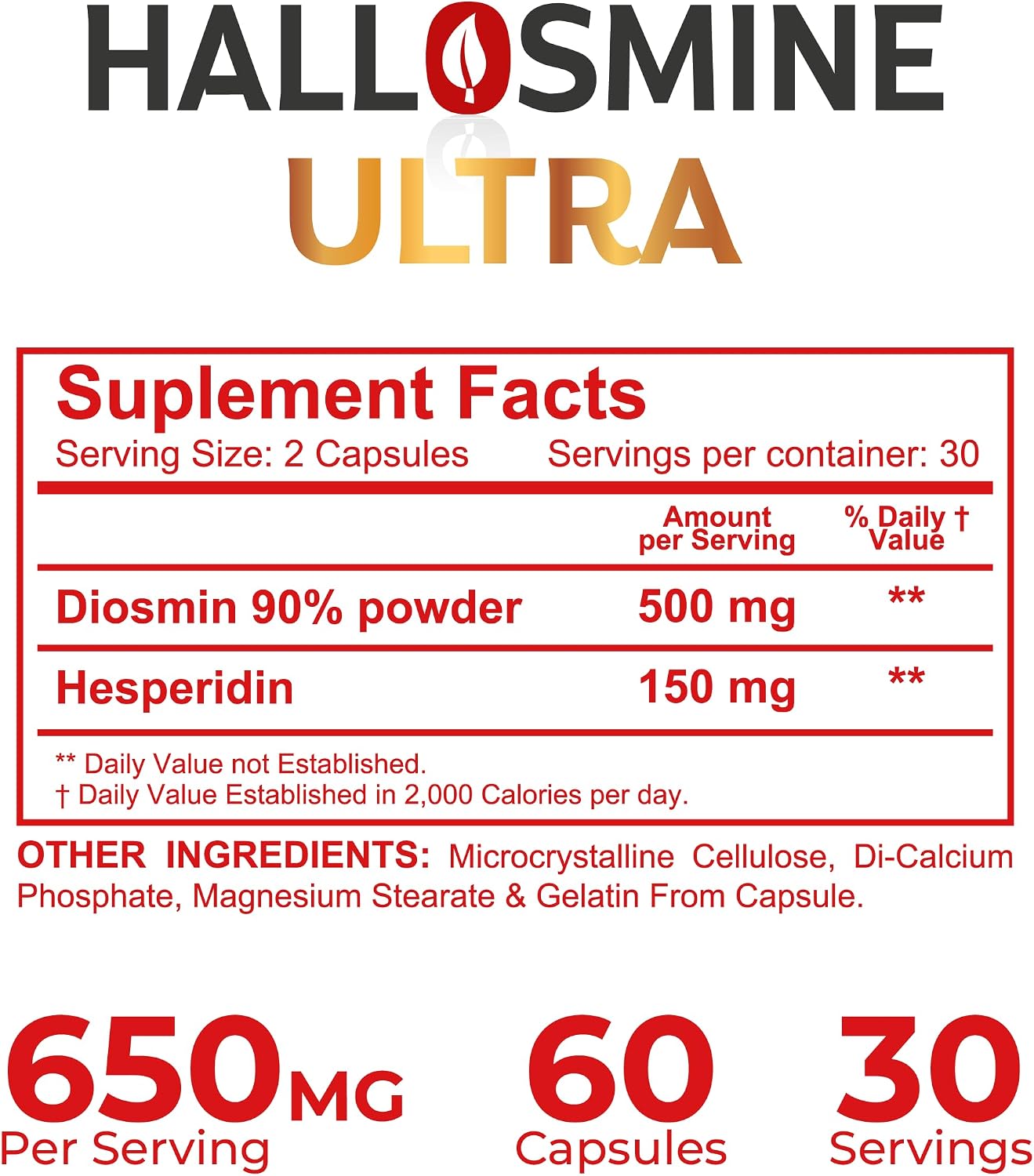Hallusa Natural Hallosmine Ultra Diosmin 500mg & Hesperidin 150mg – Blood Circulation Support, 60 Capsules - görsel 9