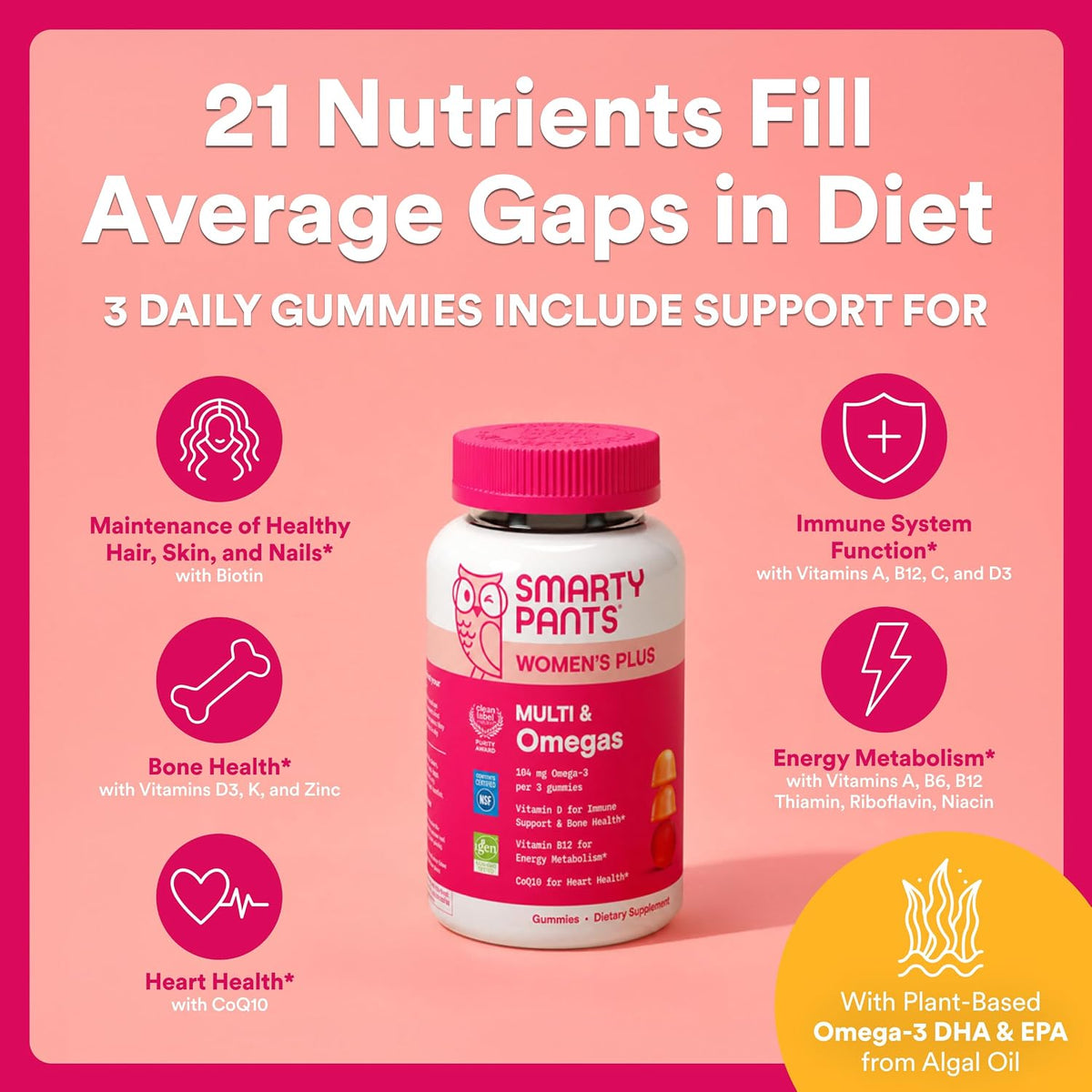 SmartyPants Women's Multivitamin Gummies, Omega-3 DHA/EPA, Methylfolate, CoQ10, Vitamin D3, C, B12, B6, A, K, Zinc, Three Fruit Flavours, 90 Count (30 Day Supply) - görsel 3