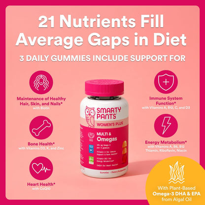SmartyPants Women's Multivitamin Gummies, Omega-3 DHA/EPA, Methylfolate, CoQ10, Vitamin D3, C, B12, B6, A, K, Zinc, Three Fruit Flavours, 90 Count (30 Day Supply)