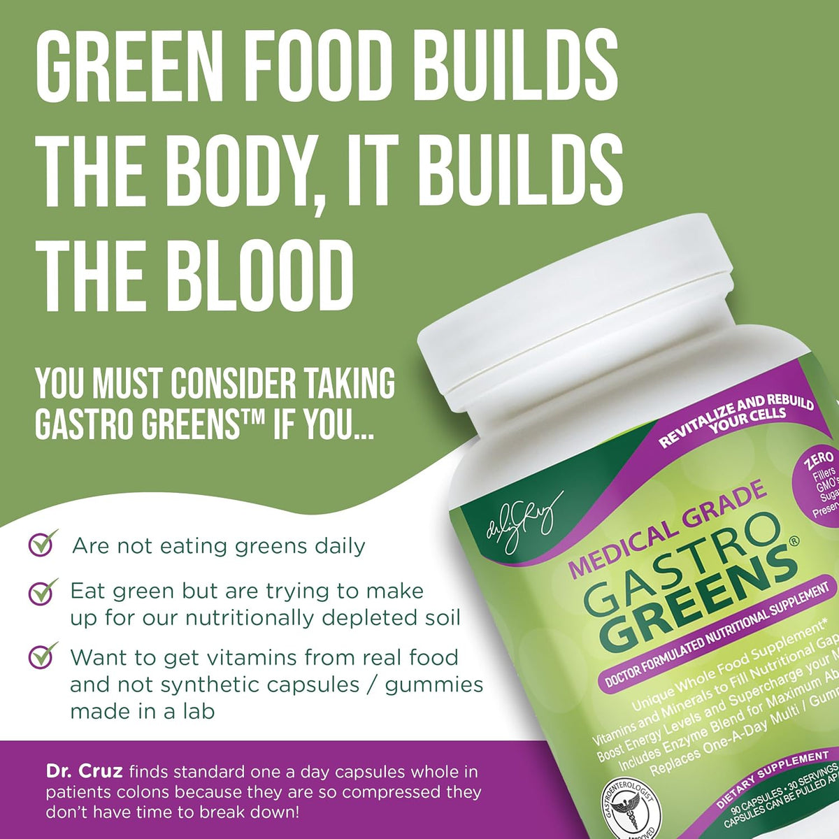 Dr. Liz Cruz Gastro Greens - Greens Supplement, Food Supplement with Herbs, Non-GM, Wholefood Based, 90 Vegetable Capsules - görsel 8