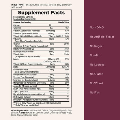 Nature's Bounty Advanced Hair, Skin & Nails, Argan-Infused Biotin and Hyaluronic Acid Supplement, 150 Rapid Release Softgels